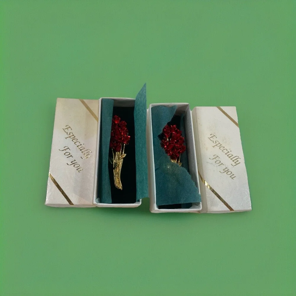 Gold Tone Metal Red Roses Flowers Bouquet Brooch Pins New~set Of Two Vtg Mothers